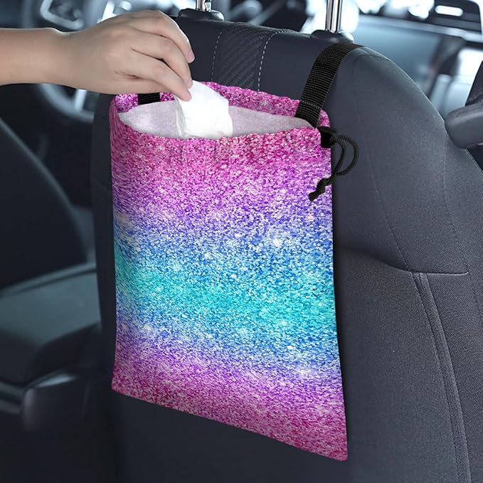 Car Trash Bag Hanging Back of Seat Waterproof Small Cute Printed One-handed Strap Drawstring Garbage Bags for Car-Glitter Pink