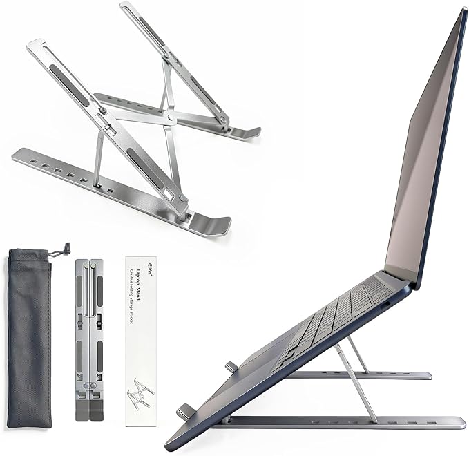 EJAY Laptop Stand for Desk, Aluminum Adjustable Laptop Riser & Ventilated Holder, Foldable Portable Computer Stand for 10-15.6 inch Laptops (Silver)