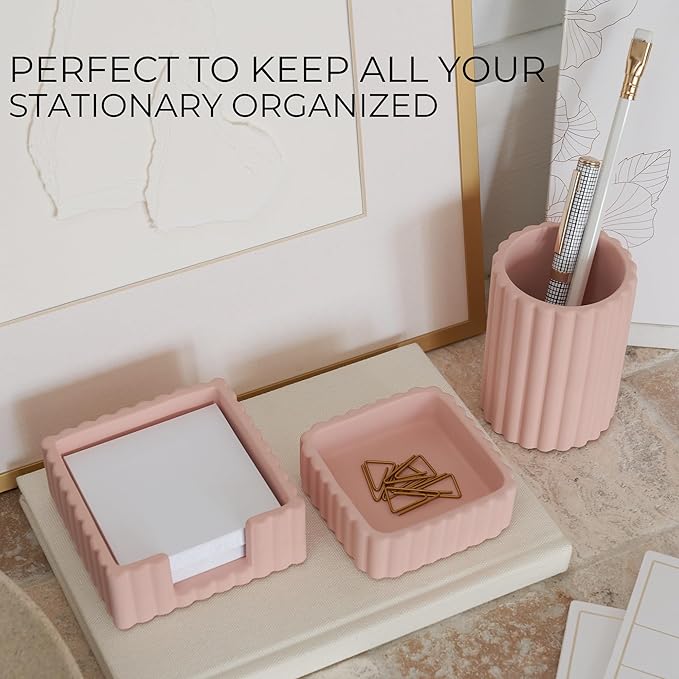 KIBAGA Modern Aesthetic Desk Accessories Set of 3 - Stylish Pink Concrete Organizers for Pens & Office Supplies - A Cute and Functional Addition to Your Workspace Decor
