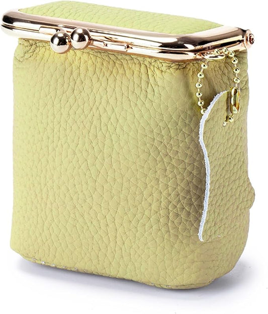 Litchi Leather Coin Purse for Women, Portable Vintage Wallet Mini Lipstick Holder Fashion Solid Color Kiss Lock Key Storage Square Pouch (Yellow)