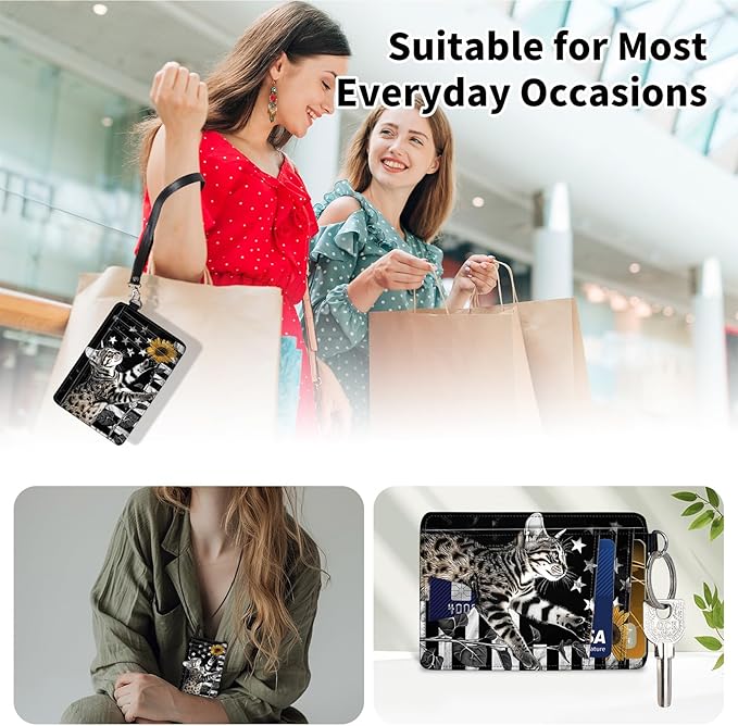 Slim Minimalist Front Pocket Wallet,Credit Card Holder Wallet for Women Men,RFID Blocking Credit Card Holder Case Leather Cute Small Thin Wallet ID Window&Wrist Strap,Flag Cat Sunflower