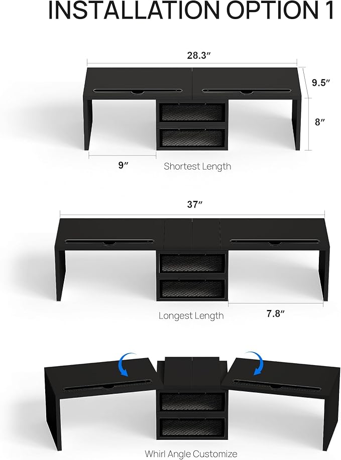 ZIFTY Dual Monitor Stand Riser with 2 Drawer and Smartphone Holder Wooden Desk Organizer, Adjustable Length & Angle Workspace Organizers for 3 Monitors Laptop Printer Computer, Black