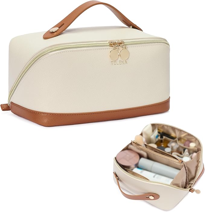 Telena Leather Make Up Bag Portable Travel Makeup Bag Waterproof Cosmetic Bags for Women Large Capacity With Handle and Divider Open Lay Flat