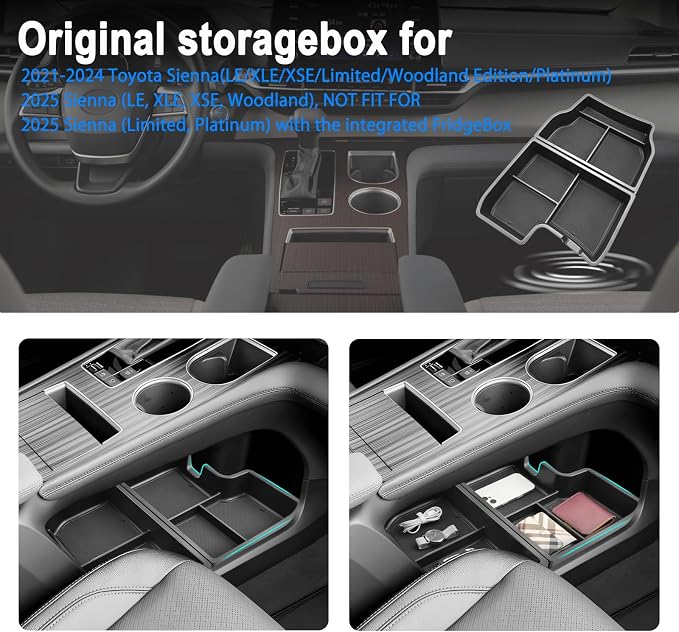 SHAOHAO 2 Pcs 2025 Sienna Lower Organizer for 2021 2022 2023 2024 2025 Sienna Accessories Under Console Organizer Double Space [NOT FOR 2025 Sienna with the Integrated FridgeBox]