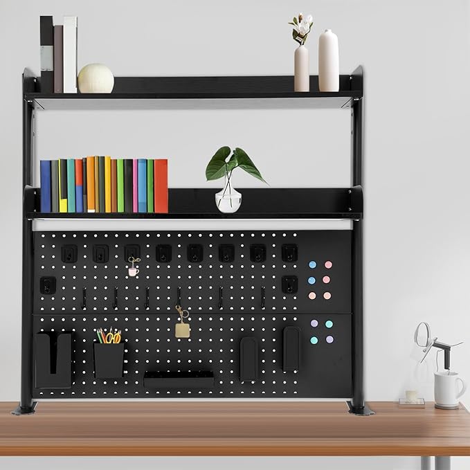 Desktop Bookshelf Clip-on Desk Shelf with Spacious Pegboard, Multipurpose Clamp On Desk Organizer Desktop Organizer Desk Pegboard for Office Home Gaming (Black)