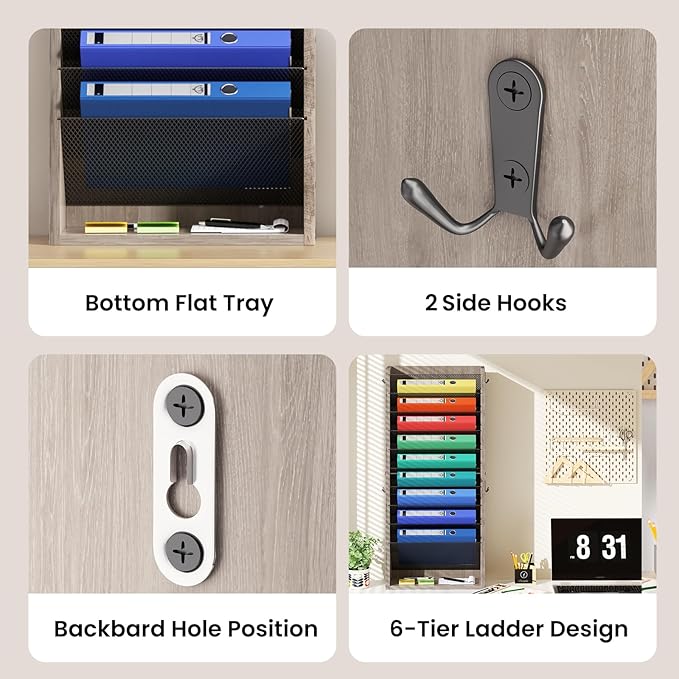 Hanging Wall File Organizer, 11 Tier Wood Wall File Holder with 4 Hooks, Mail Organizer Wall Mounted with Bottom Flat Tray, Vertical Paper Desk Storage for Office, Home, Greige