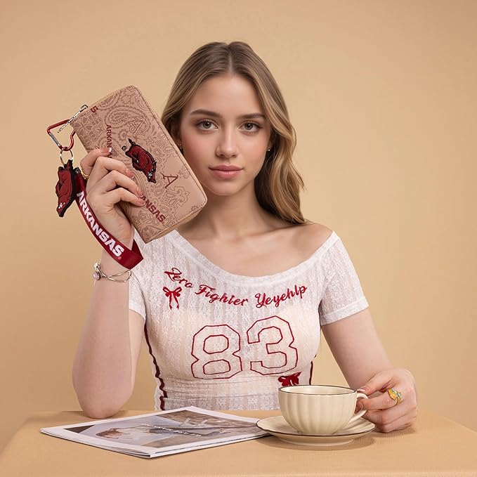 Arkansas Razorbacks Wristlet Wallet for Women, Arkansas Team Purse with RFID Blocking Card Slot, New Clutch Zipper Wallet for Fan Gift, Game Day, Travel Essentials | Khaki, NC-AFU011KH