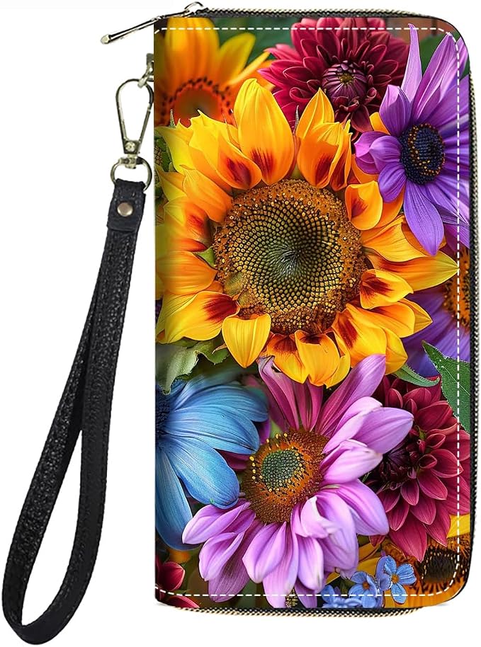 Women's Large Capacity Wallet PU Leather Zip Around Clutch Purse Multifunctional Wallet with Removable Wristlet Strap for Smart Phone/Coin/Card/Cash, Sunflowers