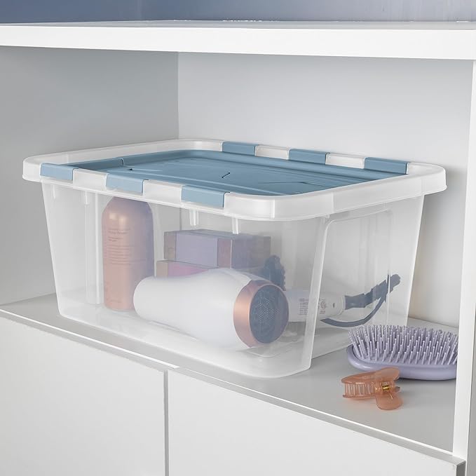 Sterilite 6 Pack Hinged Lid Storage Box, 20 Qt Plastic Container, Washed Blue - Home Organizer Tote for Storing Shoes, Crafts, Clothing, or Decor