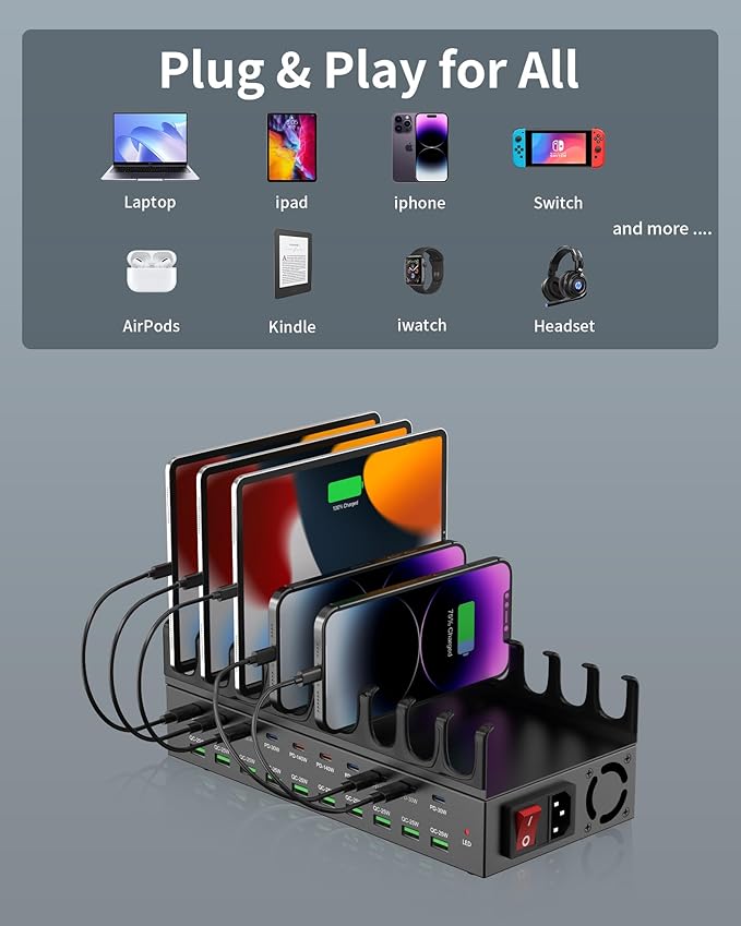 770W Charging Station for Multiple Devices, 20-Port USB C Fast Charging Station with Dual 140W PD PPS Port, Multi Device Fast Charger Dock for MacBook Pro Laptop, iPhone, iPad, Tablet, Cell Phone