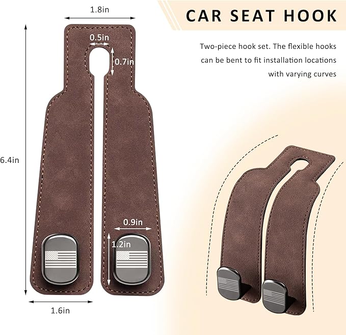 Sun Walker 2 PCS Car Seat Headrest Hooks, Auto Back Seat Purse Hook Bag Organizer with American Flag, Vehicle Double Metal Hooks Storage Hanging Holder for Handbags Coats Phones (Brown)