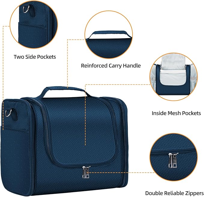 Buruis Extra Large Toiletry Bag for Women and Men, Hanging Travel Bag with Detachable Shoulder Strap for Full-Sized Toiletries, Water-Resistant Dopp Kit for Family Use and Long Trips, Blue