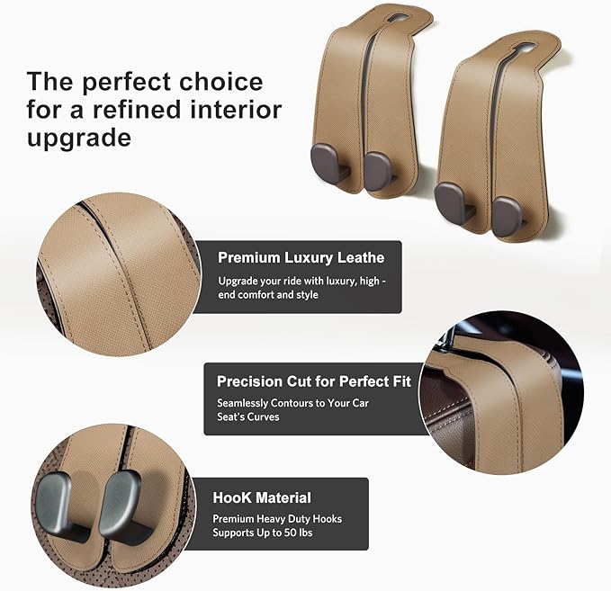 CoBak Purse Hook for Car - Universal Premium Stitched Leather and Aluminum-Magnesium Alloy Double Car Seat Back Storage Hook for Purses, Handbags, Bags (2 Pack),Khaki Beige