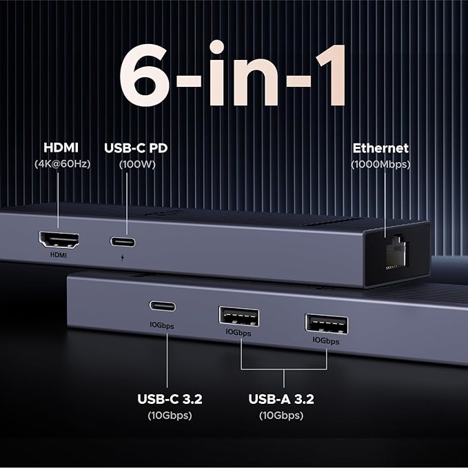 UGREEN Revodok Pro 6 in 1 USB C Hub Gigabit Ethernet Adapter with 4K 60Hz HDMI, 100W PD Charging, 10Gbps USB A&C 3.2 Data Ports Compatible with Mac M1, M2, M3, iPad, iPhone 16 Pro/Pro Max, Steam Deck