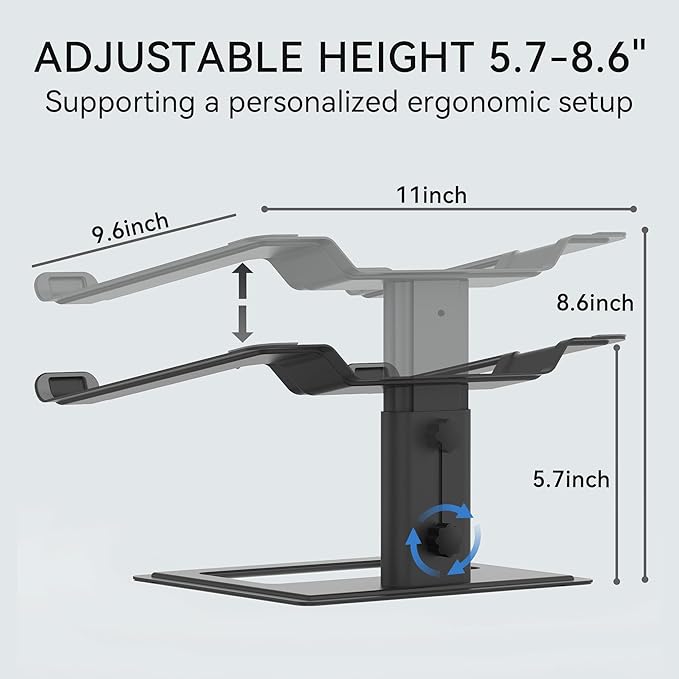 SOUNDANCE Adjustable Laptop Stand, Ergonomic Aluminum Riser for 10-17.3” Notebooks, Ventilated Metal Holder with Height Alignment for Desk Workspace, Black