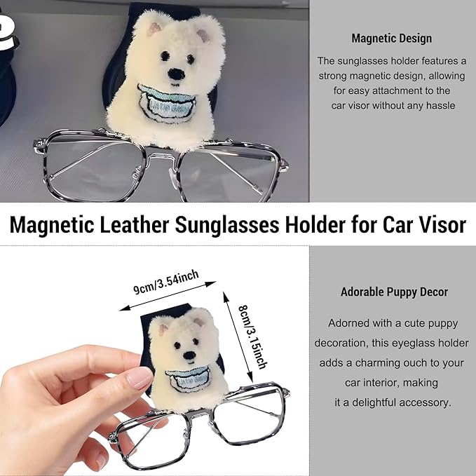 Tizee Magnetic Leather Sunglasses Holder for Car Visor - Cute Puppy Design,Eyeglass Clips Organizer Car Accessories for Women and Girls