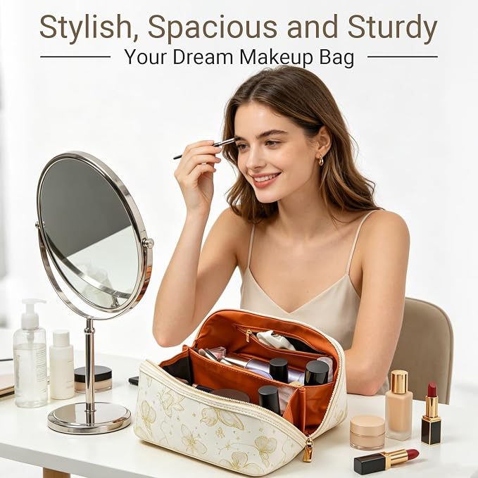 Travel Makeup Bag with Compartments & Organizers – Flat Open Cosmetic Pouch for Women, Purse-Style Design for Traveling, Perfect for Toiletries & Cosmetics for Women(Beige)
