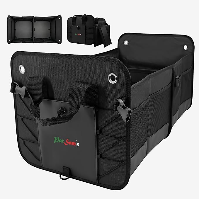 PAT SAM'S Car Trunk Organizer for SUV, Waterproof Collapsible Storage with Removable Dividers, Anti-Slip Bottom, Tie-Down Straps & Anchor Rings, Foldable Trunk Organizer for Grocery Tools Travel