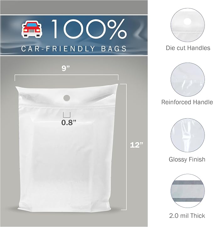 9x12 White Disposable Car Trash Bags, Leak-proof, Small Size, 50 Pack, 2 Mil Thick, with Die-Cut Handles by PPB