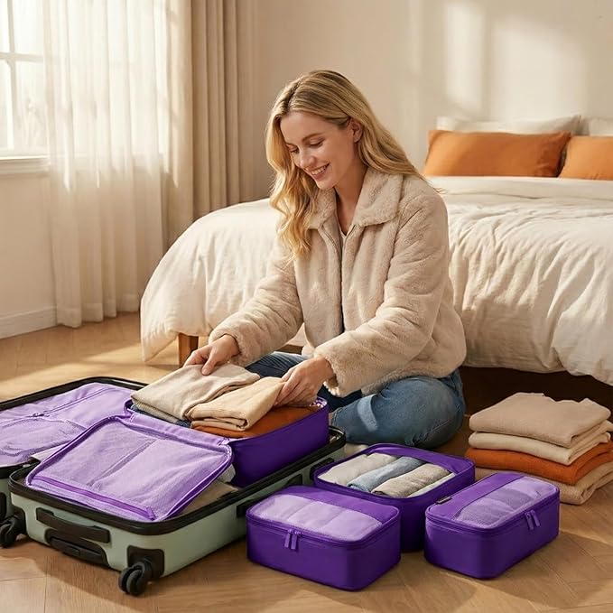 4 Piece Compression Packing Cubes for 3–7 Day Travel, Space Saving Travel Organizers with Breathable Mesh, Double-Zipper Packing Cubes for Carry-On & Suitcases (Lavender)