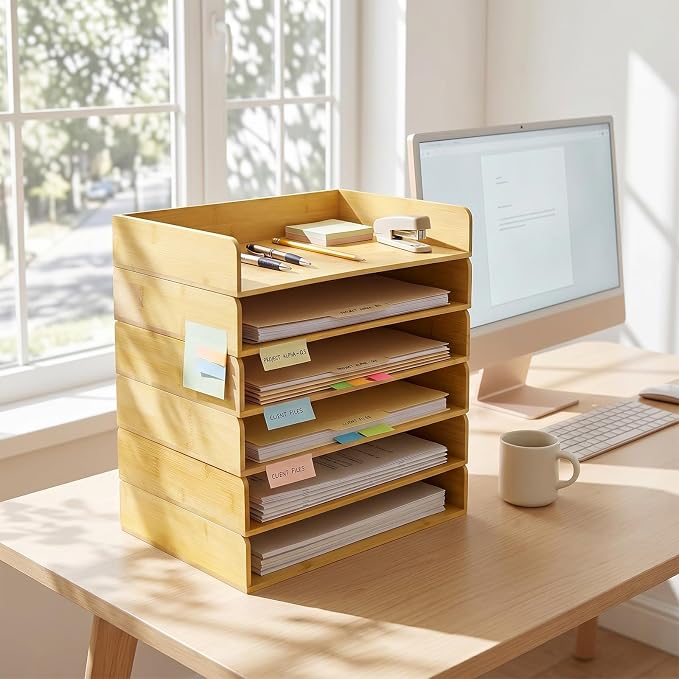 Novabright 6 Pcs Stackable Paper Organizer Tray Acacia Wood Desk Organizer Letter Tray Desktop Letter Size Office Wooden Desk Shelf Paper Holder Folder Organization Rack for File Document(Bamboo)