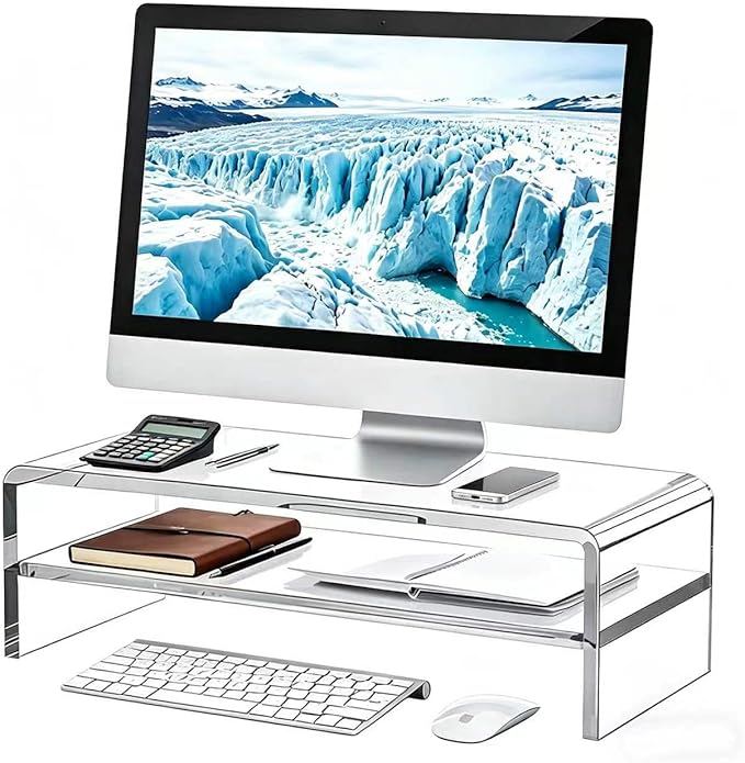 Acrylic Monitor Stand, 2 Tier Riser with Storage Shelf, Clear, 16/20 Inch, Home Office Desk Organizer (20in)