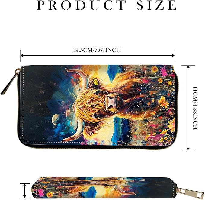 RFID-Blocking Zip Around Wallets for Women with Detachable Wrist Strap,Large Capacity Phone Holder with Card Organizer & Coin Pocket,Cute Highland Cow