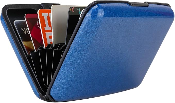 ELFISH RFID Blocking Credit Card Protector Aluminum ID Case Hard Shell Business Card Holders Metal Wallet for Men or Women (Dark blue)