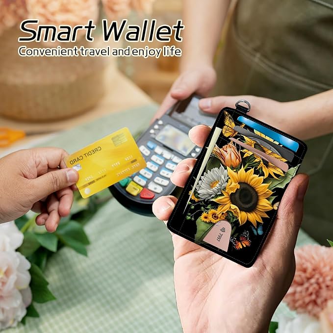 Small Travel Wallets, Sunflowers Butterfly Slim Minimalist Front Pocket Wallet with Wristlet, RFID Blocking PU Leather Credit Card Holder with ID Window Change Purse for Men Women