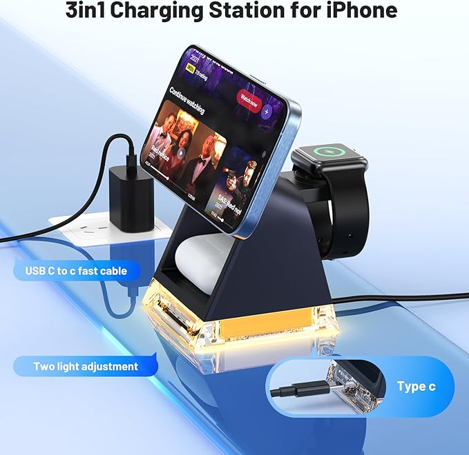 3 in 1 Fast Charging Station for Multiple Apple Devices, Portable Wireless Charger Stand with Magsafe,Magnetic Travel Charge Dock for iPhone 16e/15 Pro Max/14 Plus/13 Mini/12/Apple Watch Ultra/AirPods