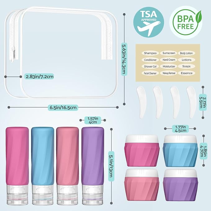 Silevoler 14pack Travel Bottles for Toiletries, TSA Approved Travel Size Toiletries Containers Set, Premium Silicone Leak Proof Refillable Bottles & Creams Jars Accessories Kit W/Clear Bag (Vibrant)