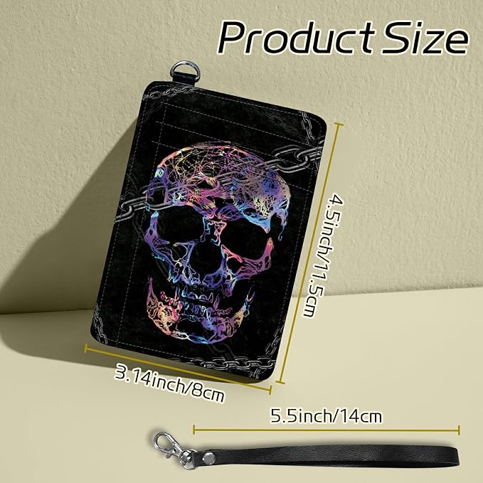 Small Travel Wallets, Shackle Skull Slim Minimalist Front Pocket Wallet with Wristlet, RFID Blocking PU Leather Credit Card Holder with ID Window Change Purse for Men Women