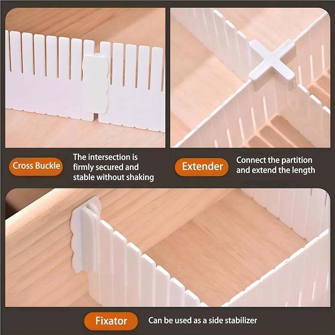 Adjustable Plastic Drawer Separators, 15 PCS Dividers + 25 Connectors, 14.96" Length x 4.33" Height, Cuttable Storage Organizer for Socks, Garments, Kitchen Tools, Bedroom & Bathroom Drawers
