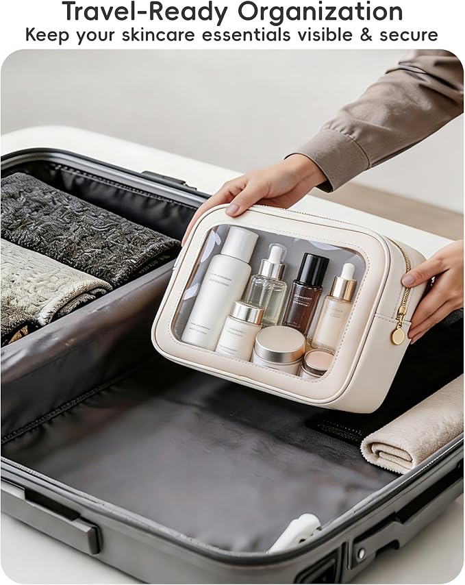Clear Makeup Bag for Women, Large 11-Inch Transparent Travel Toiletry Bag, PU Leather Cosmetic Pouch Organizer with Smooth Gold Zipper, Portable Wash Bag for Luggage & Carry-on (Beige/Black)
