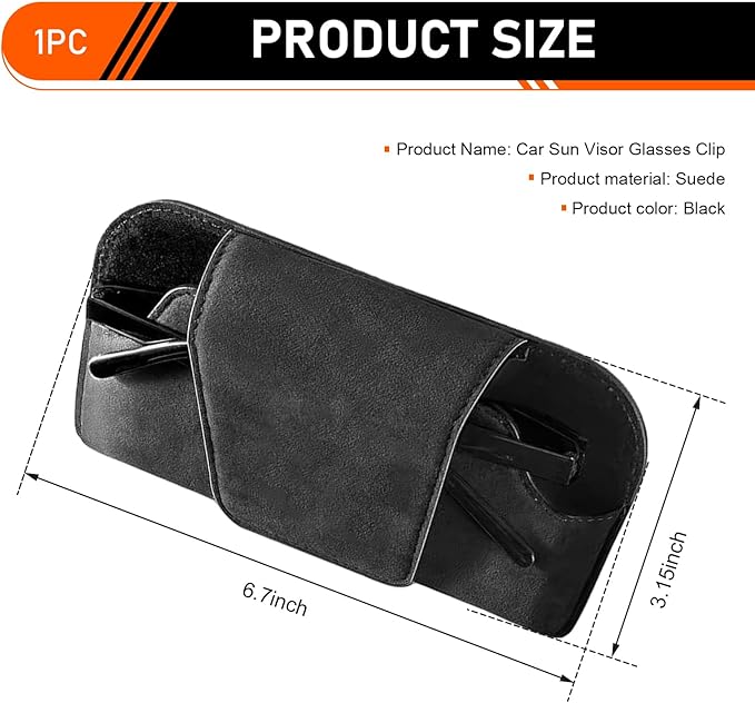 Car Visor Sunglass Holder, Suede Leather Visor Eyeglasses Holder with Clip, Car Interior Protective Glasses Storage Case, Universal for Most Cars (Black)
