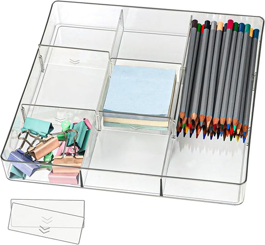 ZEXALOR Adjustable Clear Drawer Organizer, Plastic Drawer Divider Tray with Removable 9 Sections for Desk,Bathroom,Office,Makeup,Junk
