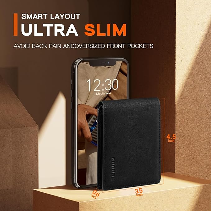 RUNBOX Wallet for Men Slim Leather Bifold RFID Blocking Minimalist Front Pocket Design with Gift Box