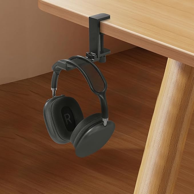 Metal Heavy Duty Foldable Headphone Holder for Desk, Headset Stand for Desk,Backpack Holder Hook for Desk,Bag Hook Under Desk,Clamp Hook for Desk Attachments,Black