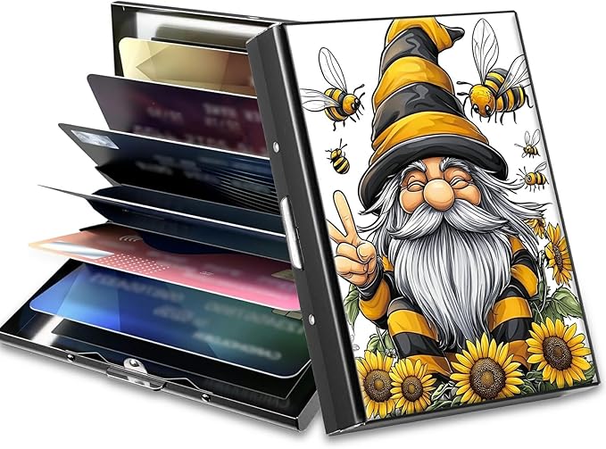 Slim Credit Card Holder, Bee Dwarf Sunflower RFID Blocking Metal Wallet for Men & Women, Aluminum Minimalist Hard Case Pocket-Sized Business Cards Organizer (Fits Up to 10 Cards)