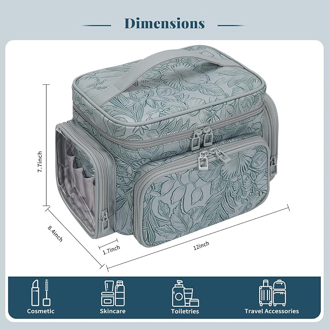 Bagmoly Large Makeup Bag, Portable Travel Makeup Bag Organizer for Women Girls with Makeup Brush Compartment & Two Side Pockets, Cosmetic Travel Bag Vertical Storage Toiletry - Floral Blue