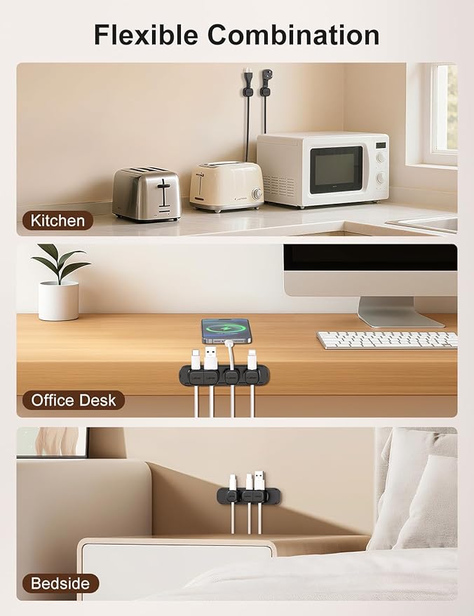6 Pack Magnetic Cable Clips [1s Open/Lock], Laitver Cord Organizer Holder Strong Adhesive Desk Cable Management- Organize Charging Cords Neatly for Home, Office, Car,Desk, Nightstand-Black