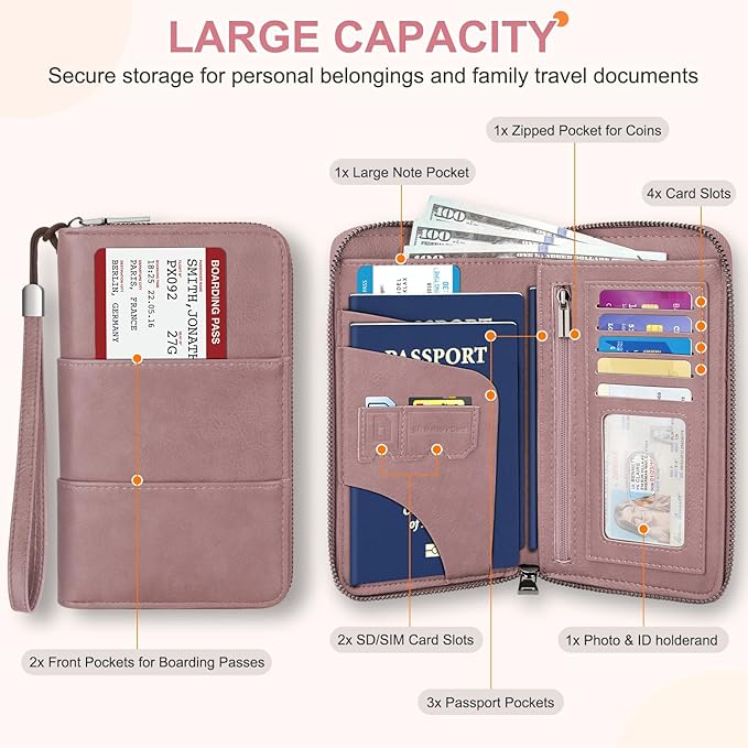 Family Passport Holder Wallet with Zipper, RFID Blocking Travel Document Organizer, PU Leather Passport Wallet for Women Men, Passport Cover Travel Wallet for Boarding Pass, ID, Money, Ticket