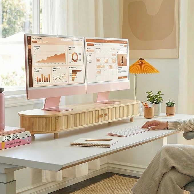 Bamboo Dual Monitor Stand with Storage, Curved Double Computer Laptop Stand Desk Shelf Organizer with Sliding Doors (42 inch)
