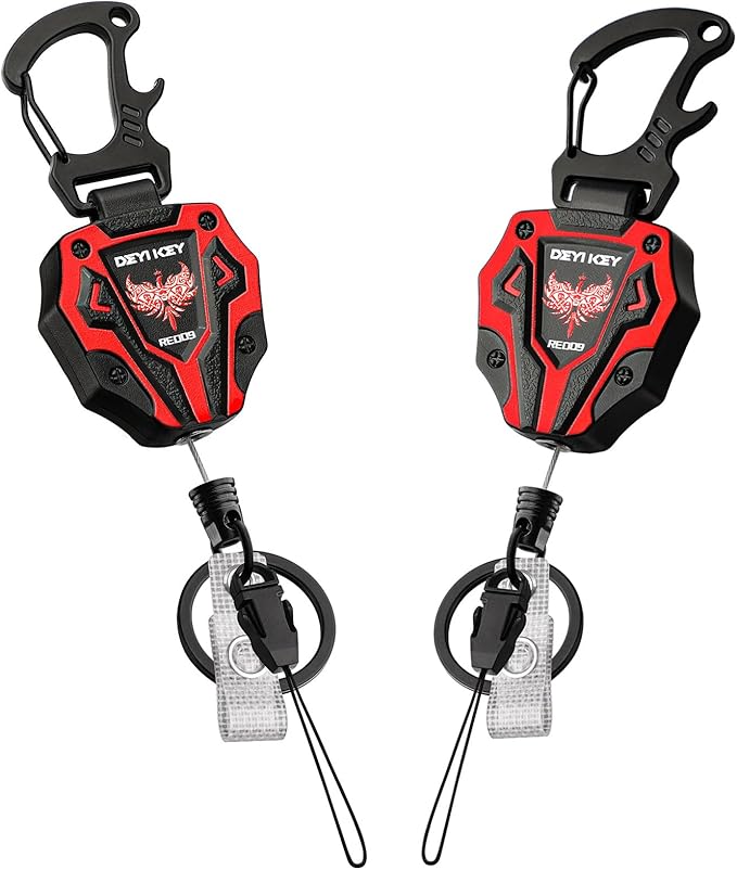 Retractable Keychain, Heavy Duty Carabiner Badge Holder, Tactical ID Badge Reel with 28'' Coated Steel Cord, Bearing 10.0 oz- Black (2 Pack)