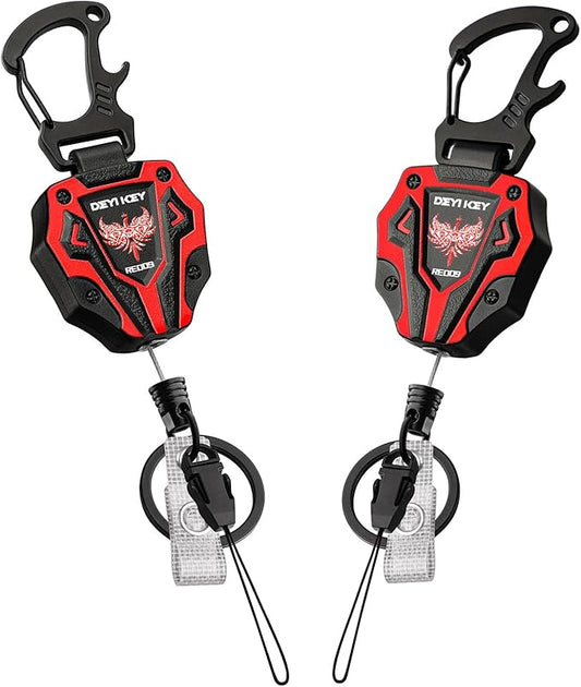 Retractable Keychain, Heavy Duty Carabiner Badge Holder, Tactical ID Badge Reel with 28'' Coated Steel Cord, Bearing 10.0 oz- Black (2 Pack)
