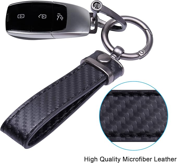 Wisdompro Carbon Fiber Style Car Keychain, Microfiber Leather Key Chain, Universal Key FOB Keychain Holder for Men and Women, with Anti-lost D-ring, 3 Keyrings - Black (with round connector)