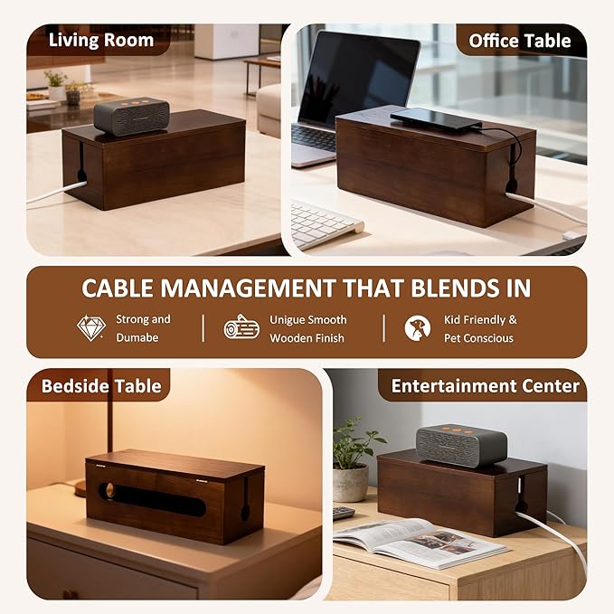 Large Wooden Cable Management Box, Power Strip Cord Organizer Box, Electrical Hiding TV Wires, Desk & Floor Cables, Cord Hider for Office Living Room Bedroom, Cable Organizer for Desk, Wire Management