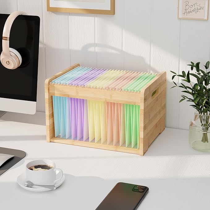Bamboo Hanging File Organizer, Office Desk File Organizer for Letter Size, Wood Hanging File Folders Organizer Record Holder Storage Stand Bookshelf Easy Assembly, Natural