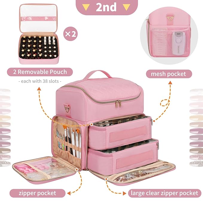 CUBETASTIC Extra Large Nail Polish Organizer Case Holds 86 to 100+ Bottles & Nail Lamp, Nail Supplies Storage Bag with 2 Removable Pouches, Nail Art Travel Box