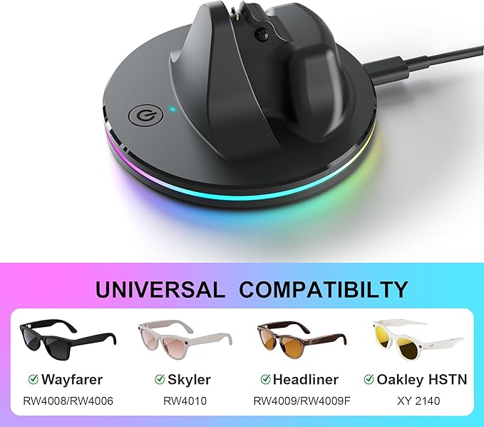 Charging Dock for Ray-Ban Meta Smart Glasses,Charging Station Compatible with Wayfarer, Skyler, Headliner & Oakley HSTN,Smart Glasses Accessories with LED Indicator,Ambient Lighting,Black